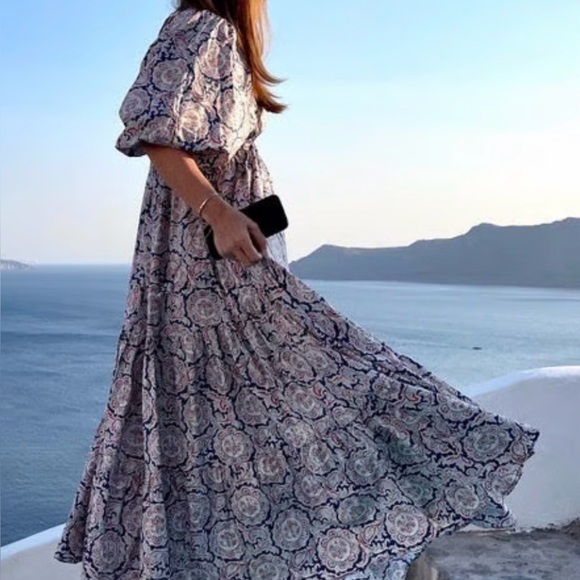 NWT Chufy x Mango Soller Boho Maxi Tiered Dress Puff Sleeve Tassel Blue Red 4 - Picture 3 of 16